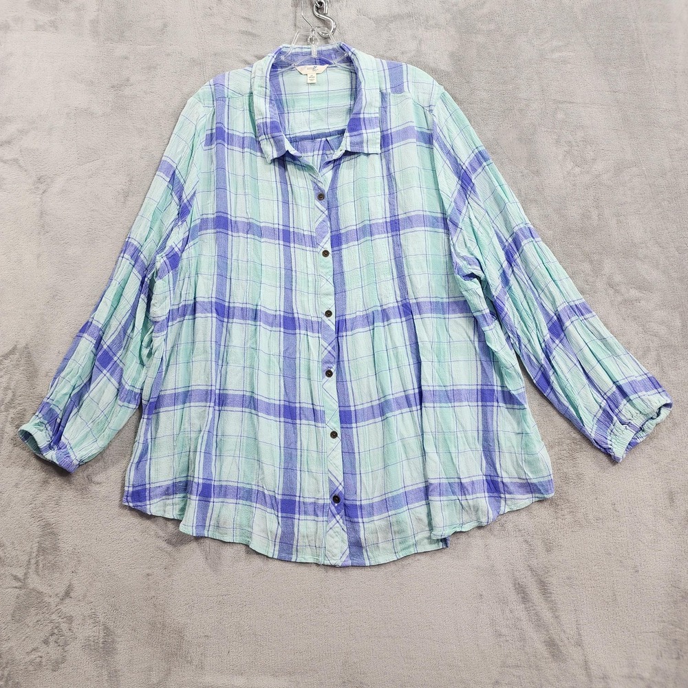 Terra & Sky Shirt Womens 4X Blue Purple Plaid Button Front Long Sleeve Crinkle